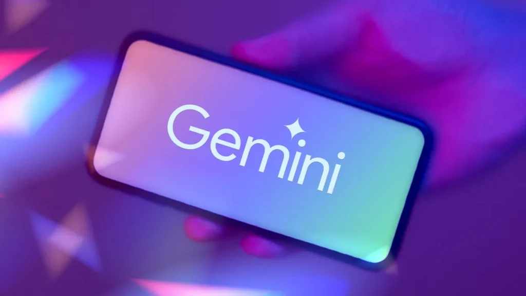 Hand holding a smartphone displaying the Google Gemini AI logo on screen with vibrant purple and blue lighting, representing the top Gemini AI features in 2026